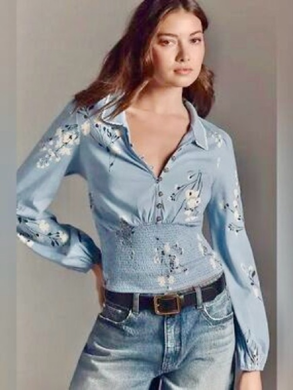 Maeve Anthropologie sky blue floral cottagecore blouse